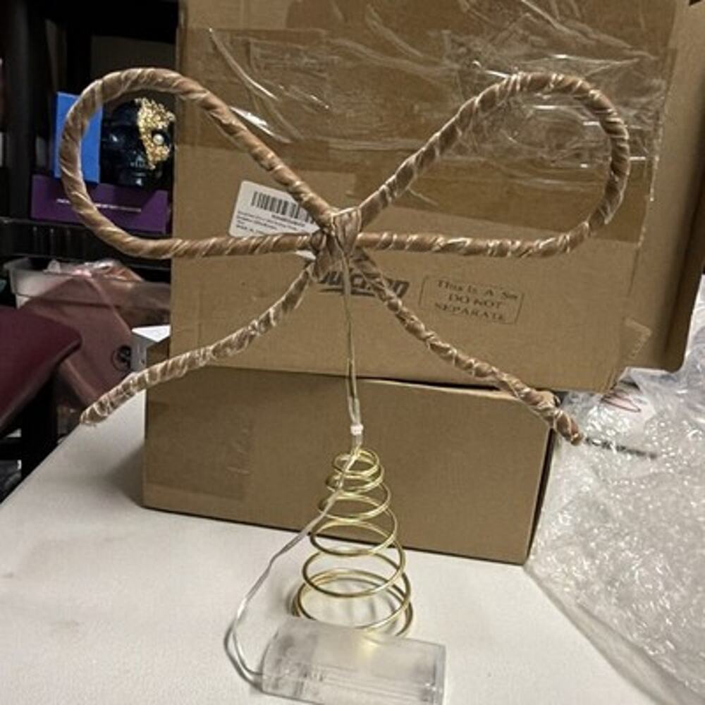 Christmas Tree Topper Bow Velvet Lighted Gold Holiday Decor 12” Battery Powered
